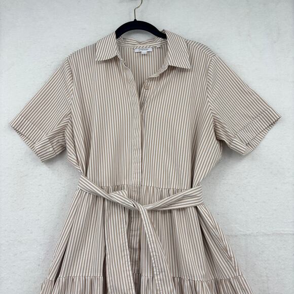 Chico's Tiered Maxi Dress Dress Size 12 Tan White Stripe Cotton Blend Belted - Picture 2 of 12